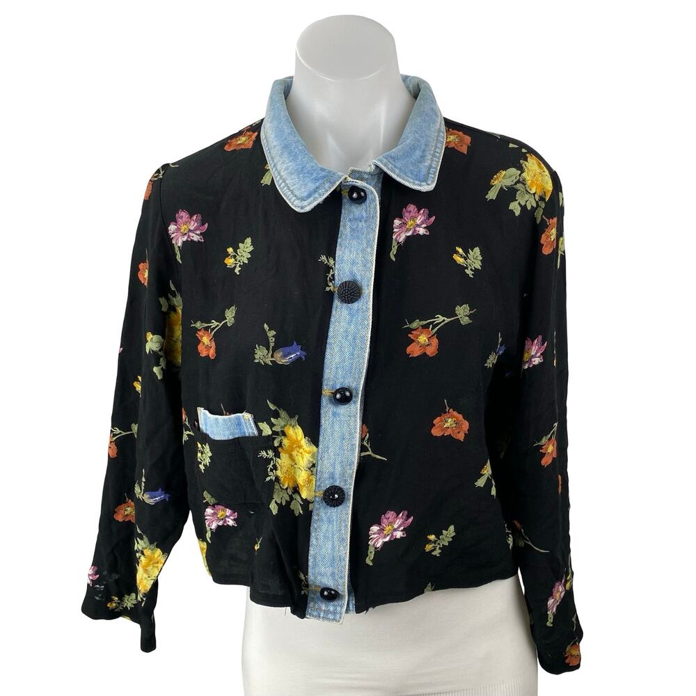 Vintage Romeo Black Floral Long Sleeve Denim Jean Button Down Shirt Top Size M